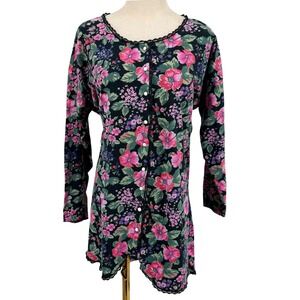 Victoria's Secret Vintage Sleep Shirt M/L Black Floral Cotton Lace Gold Label